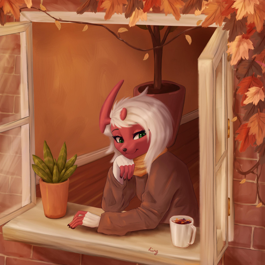 absol absurd_res anthro autumn beverage casual_clothing clothing female green_eyes hi_res nintendo plant plant_pot pok&eacute;mon pok&eacute;mon_(species) potted_plant ringstudios rose_duskclaw shiny_pok&eacute;mon solo sweater topwear video_games vines window