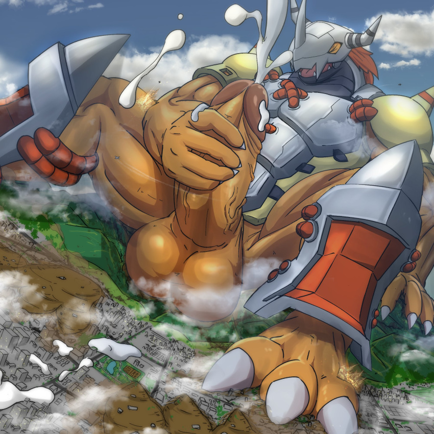 aircraft airplane anthro armor balls bandai_namco big_muscles big_penis bodily_fluids city claws cloud cum cum_on_city cumshot digimon digimon_(species) dragon ejaculation eyes_closed genital_fluids genitals hair hand_on_floor hand_on_penis headgear helmet hi_res horn landscape_dwarfing macro macro_male male masturbation mfive_(artist) mostly_nude muscular muscular_anthro muscular_male open_mouth orange_body orange_skin orgasm_face outside penis red_hair sky solo teeth toe_claws tongue vein veiny_penis wargreymon