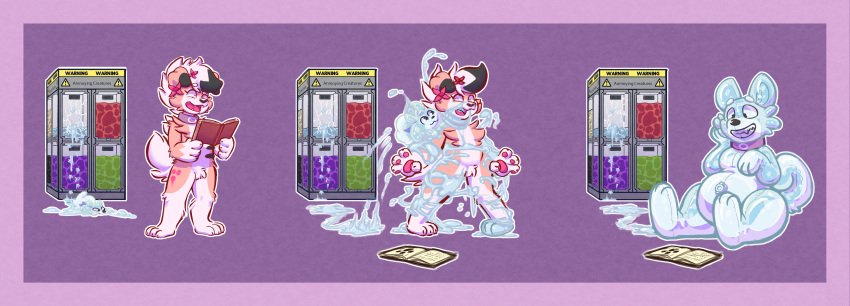 absurd_res ambiguous_gender animate_inanimate anthro book canid canine canis collar dascarl domestic_dog duo esuna_(lycanflower) fur goo_creature goo_transformation hi_res inflatable living_inflatable lycanroc mammal nintendo nozzle pink_body pink_fur pok&eacute;mon pok&eacute;mon_(species) pool_toy shiba_inu spitz transformation video_games