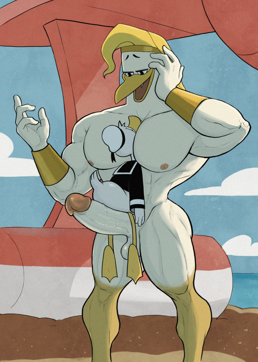 anatid anseriform anthro avian bird disney donald_duck duck ducktales duo eebahdeebah erection face_in_chest genitals hi_res humanoid_genitalia humanoid_penis male male/male muscular muscular_anthro muscular_male nipples penile penis penis_riding stork storkules