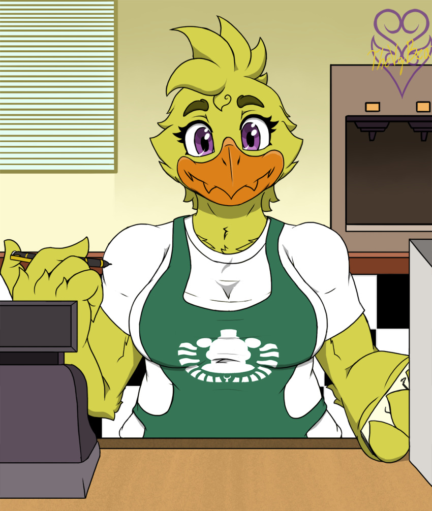 2021 4_fingers android anthro anthrofied apron avian beak belly big_breasts bird breasts chica_(fnaf) chicken clothing eyebrows eyelashes feathers female fingers five_nights_at_freddy's galliform gallus_(genus) hi_res holding_notebook holding_object holding_pen i_mean_breast_milk lagomorph looking_at_viewer machine mammal meme nipples non-mammal_breasts nude orange_beak overweight overweight_anthro overweight_female pen phasianid purple_eyes robot shirt smile t-shirt thevgbear topwear video_games white_clothing white_shirt white_t-shirt white_topwear wide_hips winged_arms wings yellow_body yellow_feathers yellow_nipples yellow_pubes