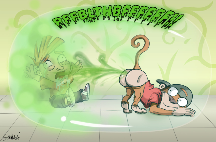 adam_lyon blast bodily_fluids bubble butt cartoon_network drooling fart gas grahnzi haplorhine hi_res human jake_spidermonkey male male/male mammal monkey odor primate saliva smelly trapped young