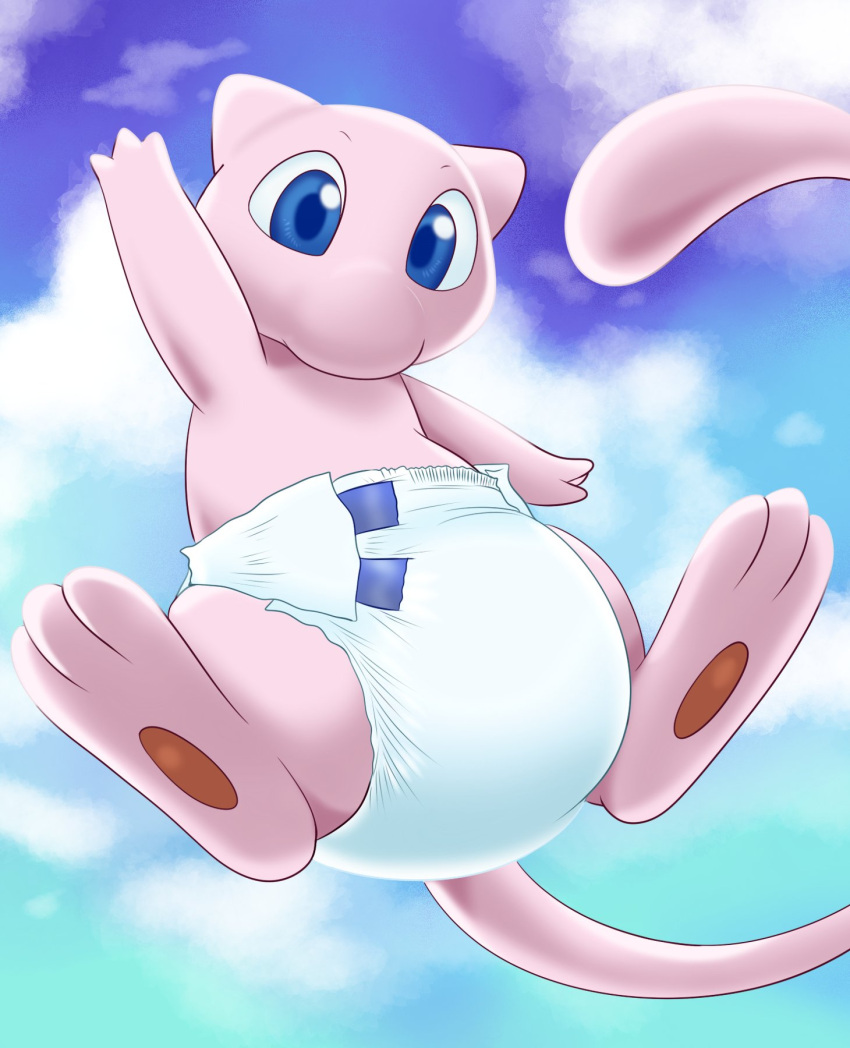 ambiguous_gender carnival-tricks cloud diaper feral floating gesture hi_res legendary_pok&eacute;mon looking_at_viewer looking_down mew nintendo pawpads paws pok&eacute;mon pok&eacute;mon_(species) sky solo spread_legs spreading underneath video_games waving white_diaper