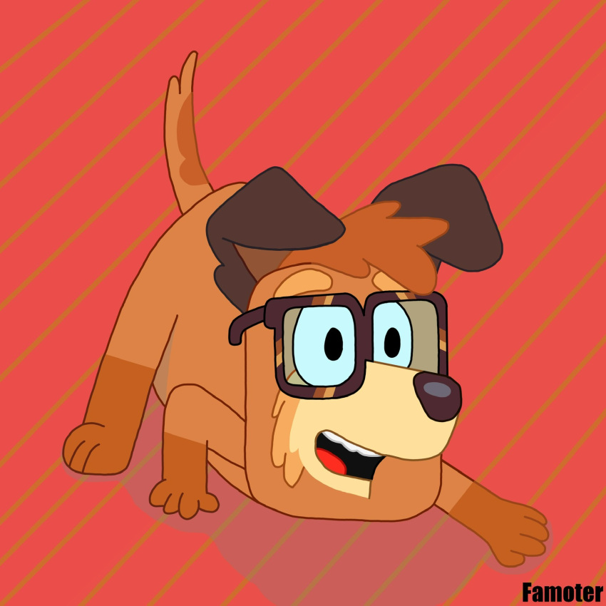 1:1 2021 anthro bluey_(series) busker_(bluey) canid canine canis cheek_tuft digital_media_(artwork) dipstick_limbs domestic_dog ear_tuft eyewear facial_tuft floppy_ears fur fur_tuft glasses happy hi_res jack-o'_pose male mammal multicolored_body multicolored_fur on_ground open_mouth pattern_background paws pose signature simple_background solo striped_background tail_tuft tuft unknown_artist