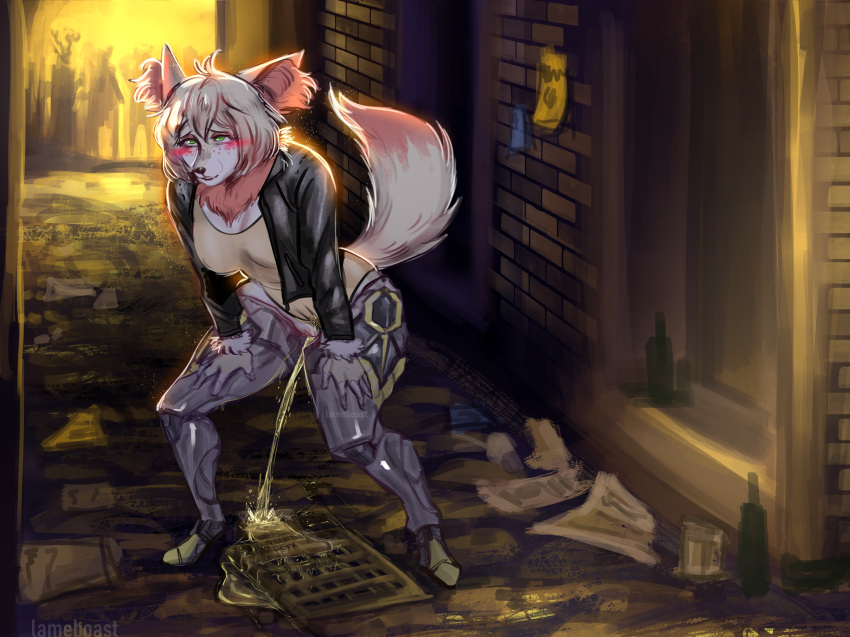alley anthro bent_over biped blush bodily_fluids bodysuit brick_wall canid canine canis caught city clothing clothing_aside crouching curvy_figure cybernetics cyborg exhibitionism female fennec fluffy fluffy_tail fox freckles fur genital_fluids hi_res jacket lameboast leather leather_clothing leather_jacket leather_topwear leotard leotard_aside machine mammal neck_tuft night outside peeing pink_body pink_fur raised_tail robotic_leg skinsuit solo street tight_clothing topwear tuft urine urine_on_ground urine_on_legs urine_pool urine_stream voyeur wall_(structure) watersports wet wet_clothing wetting white_body
