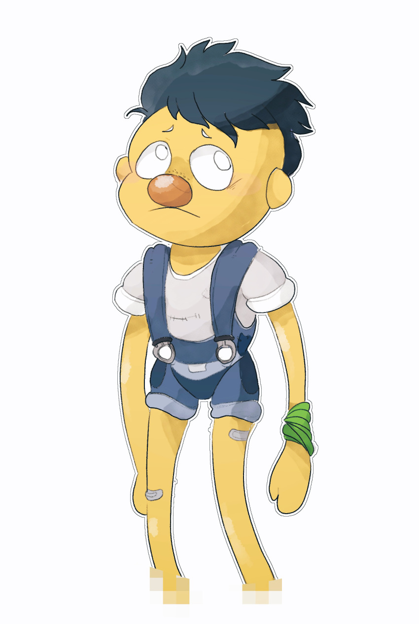 absurd_res arefeetshoes blue_hair clothing don't_hug_me_i'm_scared frown hair hi_res looking_away male muppet muppets overalls puppet simple_background solo white_background worried yellow_body yellow_guy_(dhmis) yellow_skin young