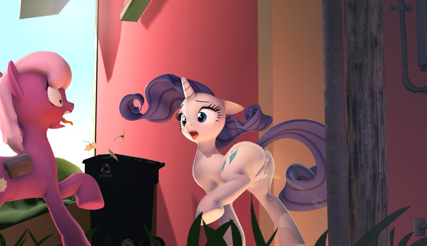 3d_(artwork) anus blush bodily_fluids butt caught cheerilee_(mlp) digital_media_(artwork) duo earth_pony embarrassed equid equine eyeshadow female feral fishimira flower friendship_is_magic genital_fluids genitals grass hasbro hi_res hiked_leg horn horse makeup mammal my_little_pony open_mouth outside peeing plant pony public public_exposure public_humiliation public_urination pussy raised_leg rarity_(mlp) recyle_bin saddle_bag screaming source_filmmaker startled tongue tongue_out trash_can tree unicorn urine urine_stream watersports