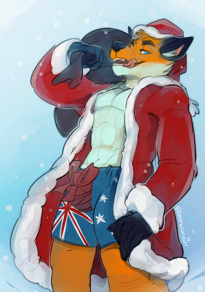 abs absurd_res anthro australian_flag bell black_nose boxer_(disambiguation) bulky canid canine christmas christmas_clothing christmas_headwear clothed clothing costume digital_media_(artwork) emufur fox fur grin hat headgear headwear hi_res holidays leaning leaning_back looking_at_viewer male mammal muscular muscular_male open_mouth orange_body orange_fur orithan santa_costume santa_hat sexy_santa simple_background slim smile snow solo tongue tongue_out white_body white_fur winter yellow_body yellow_fur