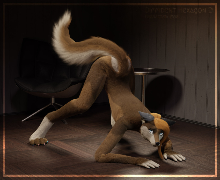 3d_(artwork) anthro canid canine canis diffident digital_media_(artwork) evie female hexagon hi_res jack-o'_pose mammal pose solo wolf zackweird