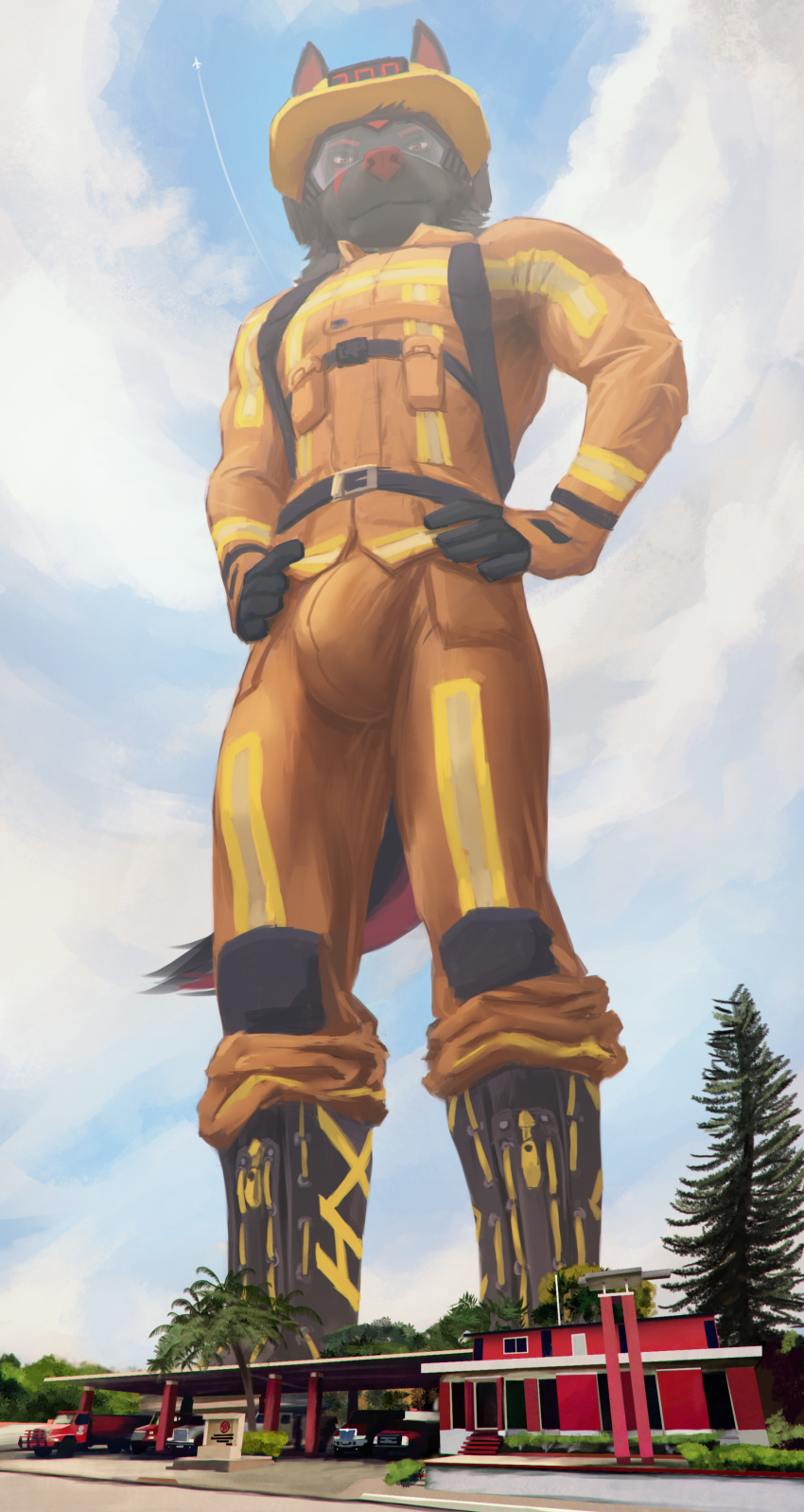 2021 absurd_res anthro armor boots bottomwear building bulge canid canine canis clothing dakota_(rockwolf) fire_engine firefighter footwear hands_on_hips headgear helmet hi_res looking_at_viewer looking_down macro male mammal pants plant plantigrade solo station thb886 tree truck_(vehicle) uniform vehicle visor wolf