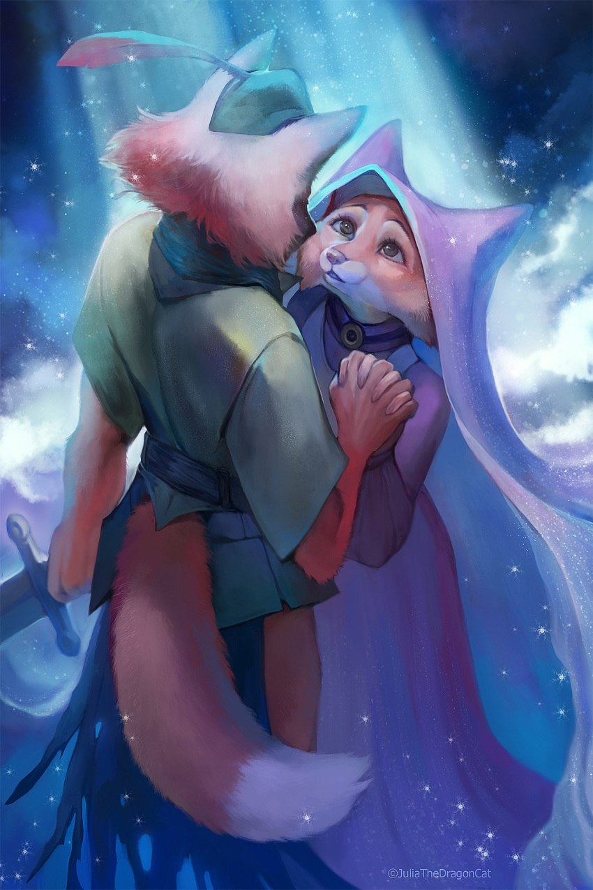 2021 5_fingers anthro breasts canid canine clothed clothing digital_media_(artwork) disney duo eyebrows eyelashes female fingers fox hand_holding hi_res juliathedragoncat maid_marian male male/female mammal robin_hood robin_hood_(disney) romantic romantic_ambiance romantic_couple standing weapon