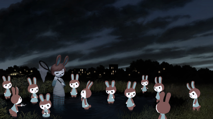 16:9 4_fingers absurd_res animal_crossing anthro bottomwear brown_body brown_fur brown_hair butterfly_net carmen_(animal_crossing) clothed clothing crookedtrees detailed_background dress female fingers fish fur grass grey_clothing grey_shirt grey_topwear group hair hi_res holding_object lagomorph leporid looking_at_another mammal marine multicolored_body multicolored_fur night nintendo outside pants partially_submerged pattern_bottomwear pattern_clothing plaid plaid_bottomwear plaid_clothing plant pond rabbit shirt silhouette sky smile standing t-shirt teal_clothing teal_inner_ear topwear town two_tone_body two_tone_fur video_games walking water white_body white_fur widescreen