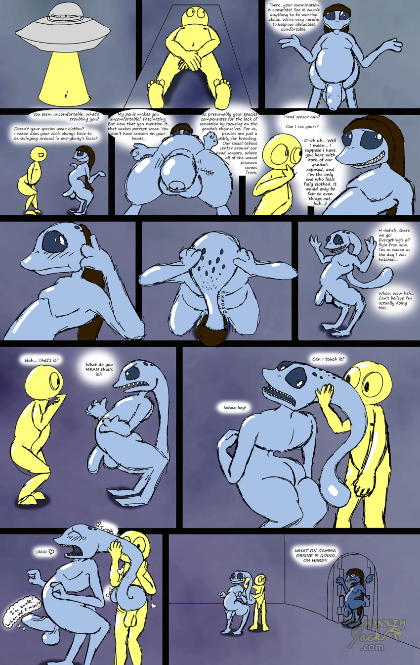 &lt;3 abduction absurd_res alien anonymous balls blue_body blush butt comic duo english_text erection flaccid fondling gamma_orsinian genitals hi_res human looking_pleasured male male/male mammal nude penis spacecraft text vehicle yellow_body yoshoblue