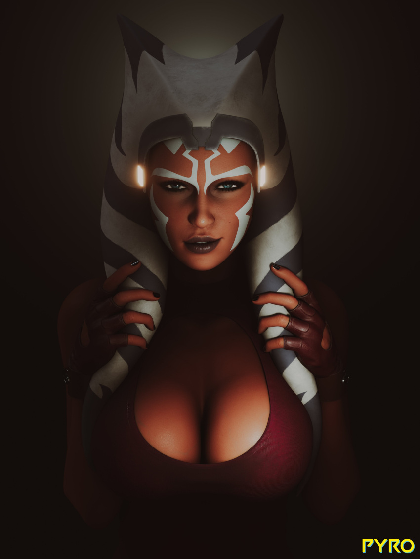 3d_(artwork) absurd_res ahsoka_tano alien alien_humanoid big_breasts blue_eyes breasts bust_portrait cleavage cleavage_cutout clothed clothing digital_media_(artwork) eyelashes female fingerless_gloves gloves handwear hi_res humanoid lekku_(anatomy) lekku_grab looking_at_viewer not_furry nsfw_pyro orange_body orange_skin portrait solo star_wars togruta wrist_cuff