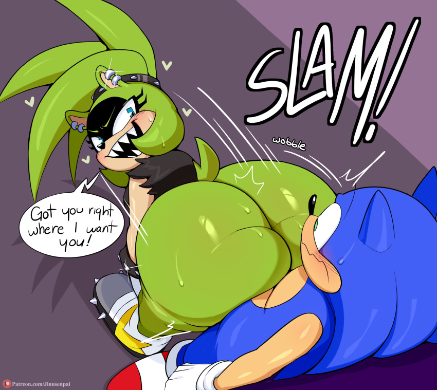 &lt;3 2021 absurd_res afrosoricid anthro big_butt blue_body blush bodily_fluids butt butt_slam dialogue duo english_text eulipotyphlan female green_body green_eyes hedgehog hi_res huge_butt jinu male mammal sega sonic_the_hedgehog sonic_the_hedgehog_(series) surge_the_tenrec sweat tenrec text