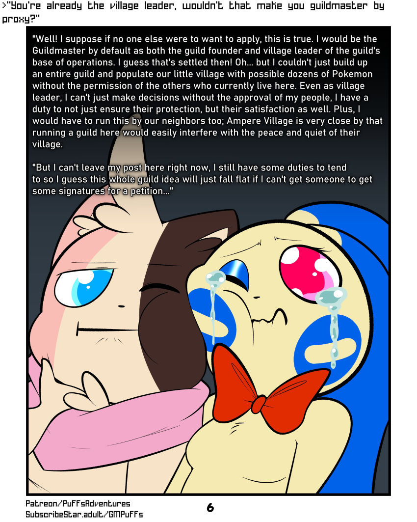 4:5 absurd_res better_version_at_source blue_eyes bodily_fluids bow_ribbon bow_tie comic crying duo english_text female hi_res male minccino minun neapolitan_fur nintendo peach_(rodent_powered) pok&eacute;mon pok&eacute;mon_(species) pok&eacute;mon_mystery_dungeon red_eyes robin_(rodent_powered) rodent_powered_(softestpuffss) scarf semi-anthro softestpuffss sparkling_eyes squishing_cheeks tears text video_games