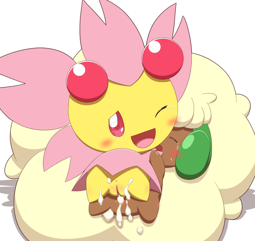 blush bodily_fluids cherrim cum cum_in_pussy cum_inside duo elemental_creature female female/female feral flora_fauna genital_fluids genitals hi_res minami_(artist) nintendo plant pok&eacute;mon pok&eacute;mon_(species) pussy rear_view simple_background tears video_games whimsicott