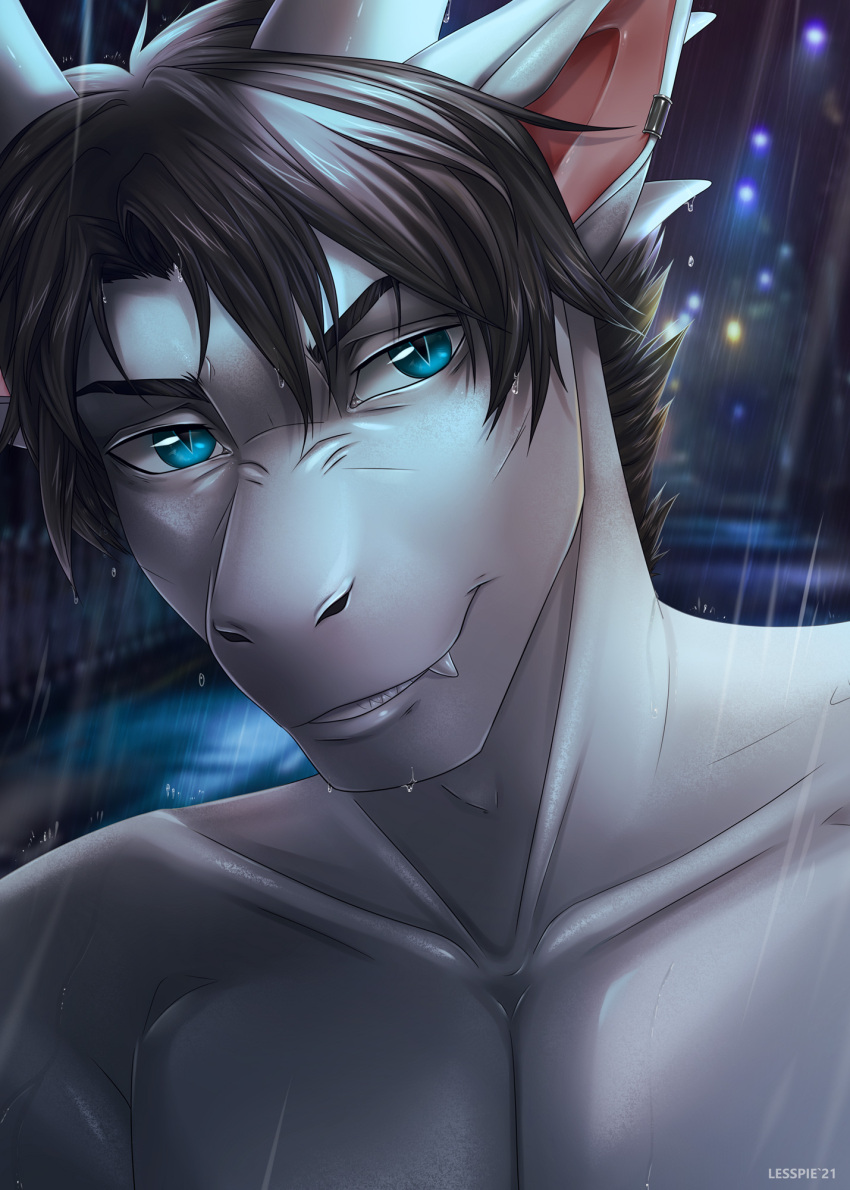 2021 black_hair blue_eyes detailed_background digital_media_(artwork) dragon ear_piercing ear_ring eyebrows eyelashes hair hi_res lesspie male night outside piercing