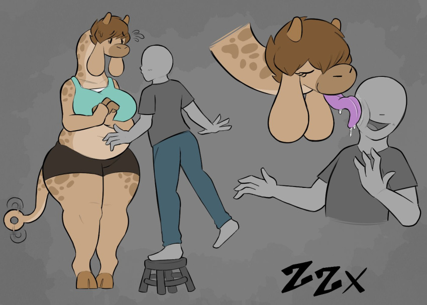 2021 anon anthro big_breasts biped breasts brown_body brown_fur brown_hair digital_media_(artwork) duo eyes_closed face_lick female fur furniture giraffe giraffid grey_background hair hooves horn human human_on_anthro interspecies larger_anthro larger_female licking long_tongue male male/female mammal simple_background size_difference slightly_chubby smaller_human smaller_male stool tail_motion tailwag tongue tongue_out wide_hips zzx