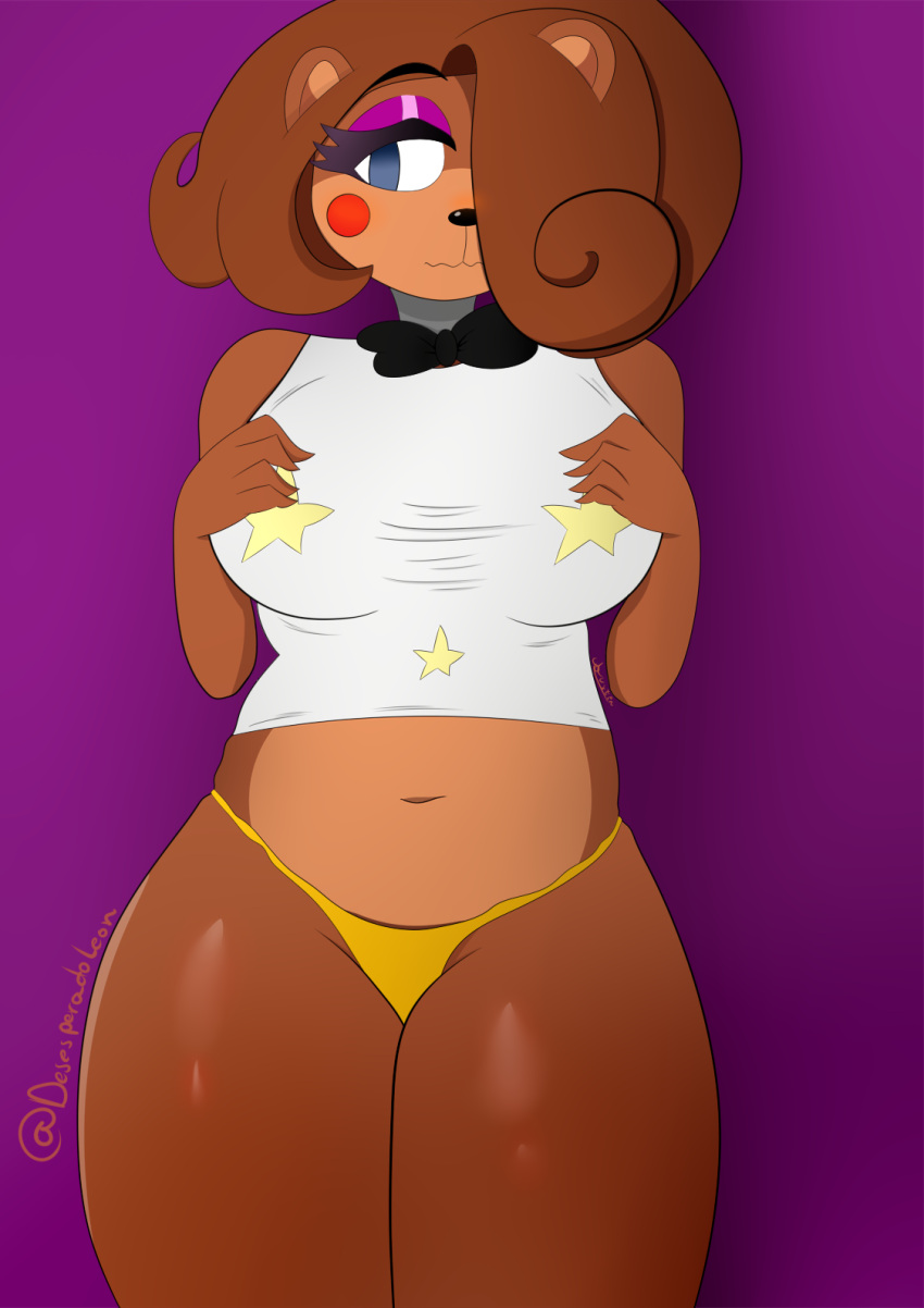 2021 accessory animatronic anthro big_breasts blue_eyes blush bow_tie breasts brown_body brown_hair clothed clothing desesperadoleon female five_nights_at_freddy's five_nights_at_freddy's_2 hair hi_res machine mammal robot slightly_chubby solo thick_thighs toy_freddy_(fnaf) ursid ursine video_games