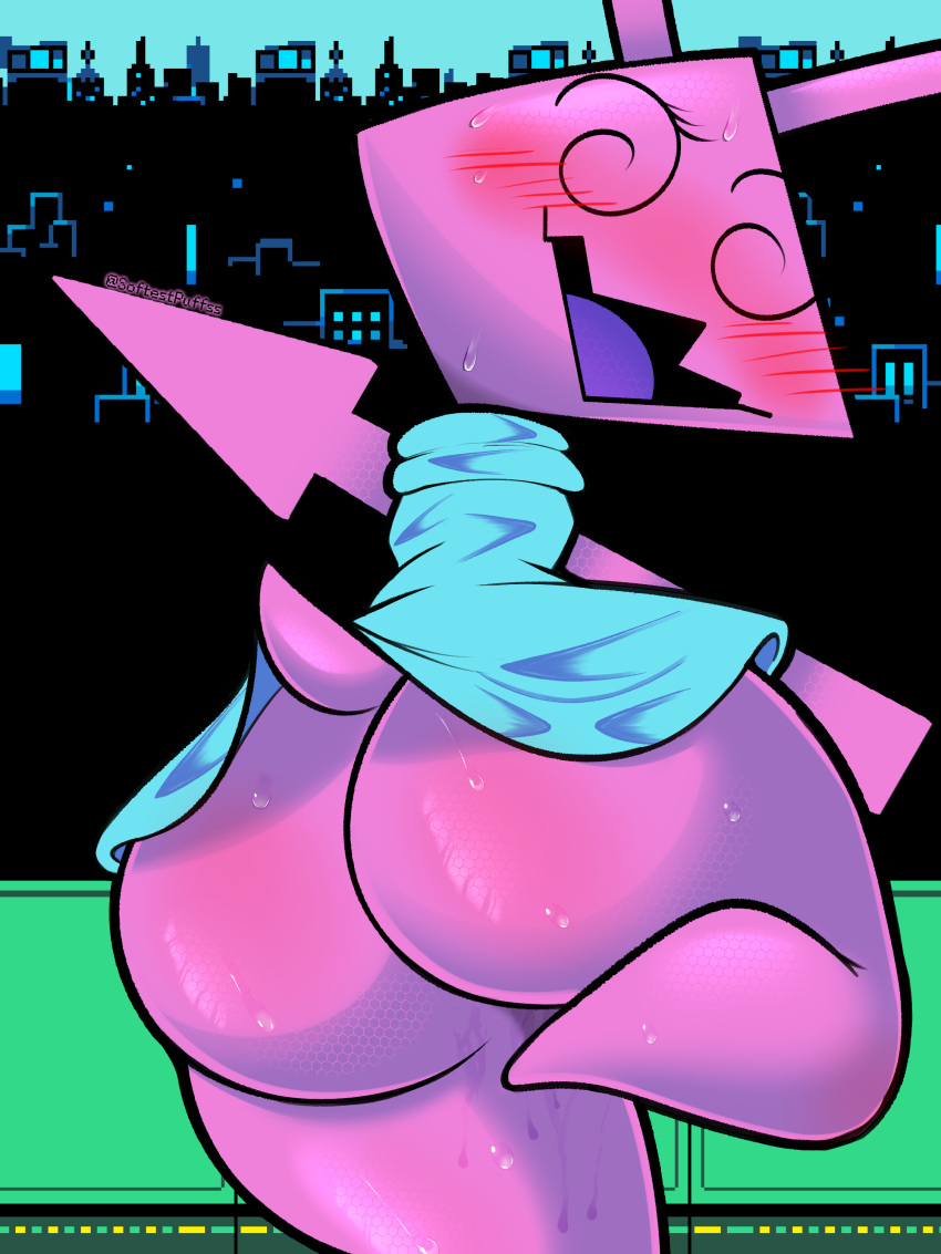 2021 absurd_res ambiguous_gender big_butt blue_clothing blue_dress blush bodily_fluids butt clothing darkner deltarune dress female hi_res huge_butt huge_thighs humanoid looking_at_viewer looking_back low-angle_view on_one_leg pink_body purple_tongue raised_leg softestpuffss solo spiral_eyes standing sweat thick_thighs tongue undertale_(series) video_games virovirokun