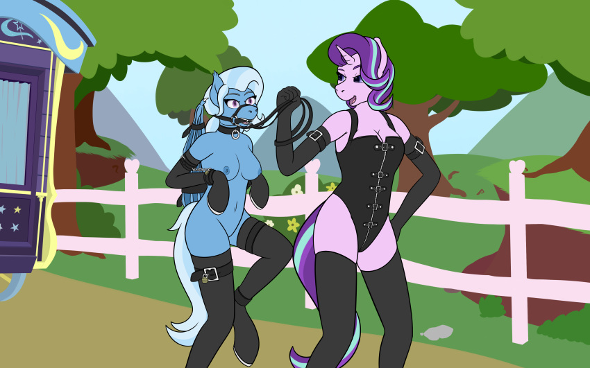 absurd_res alternate_species anthro bat_pony big_breasts boots breasts bridle cleavage clothed clothing corset duo equid equine female female/female fence footwear friendship_is_magic gloves handwear hi_res hoof_boots hoof_gloves horn latex_gloves lingerie magic-violet mammal my_little_pony navel nude outside petplay ponyplay reins roleplay starlight_glimmer_(mlp) topwear trixie_(mlp) unguligrade_anthro unicorn wagon wings_tied