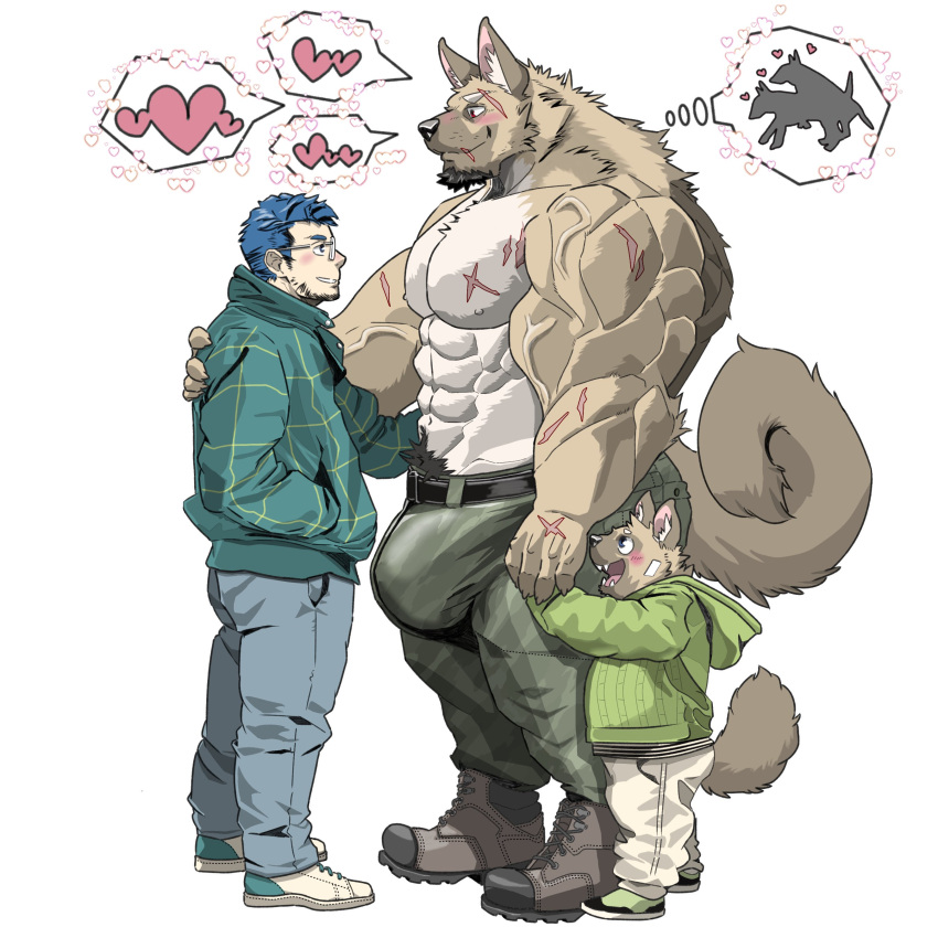 &lt;3 1:1 abs absurd_res anthro beard belt big_muscles big_pecs blue_hair boots bottomwear brown_body brown_fur bulge canid canine canis chan_kiti_chan_(artist) child clothing eye_contact eyewear facial_hair facial_scar family father father_and_child father_and_son footwear fur glasses group hair hand_holding hi_res holding_partner human human_on_anthro interspecies jacket larger_anthro looking_at_another male male/male mammal muscular muscular_anthro muscular_male navel nipples pants parent parent_and_child pecs romantic romantic_couple scar shirtless shoes size_difference smaller_human son topwear wolf young