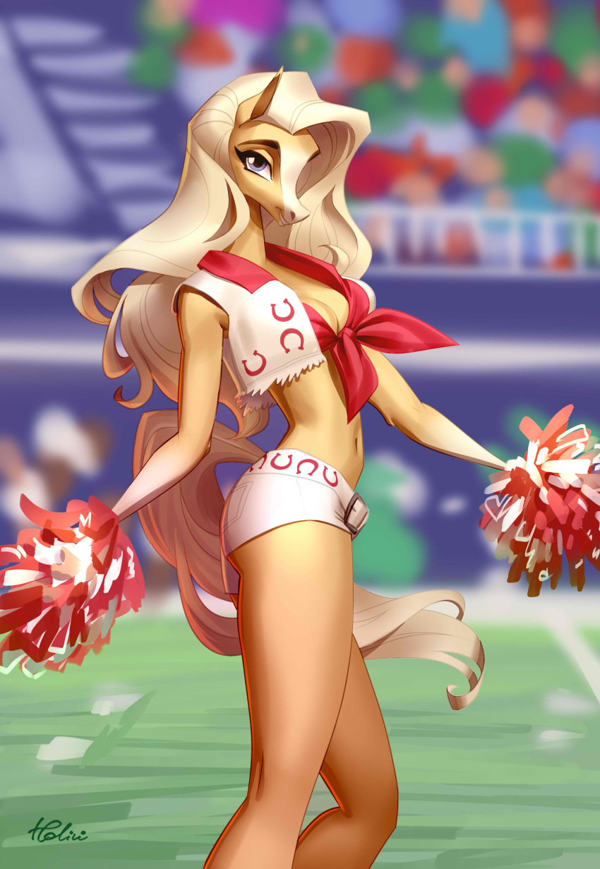 absurd_res anthro blonde_hair bottomwear breasts cheerleader cleavage clothed clothing equid equine eyebrows eyelashes female hair hi_res holivi horse looking_at_viewer mammal midriff navel outside pom_poms shirt shorts solo stadium tied_shirt topwear