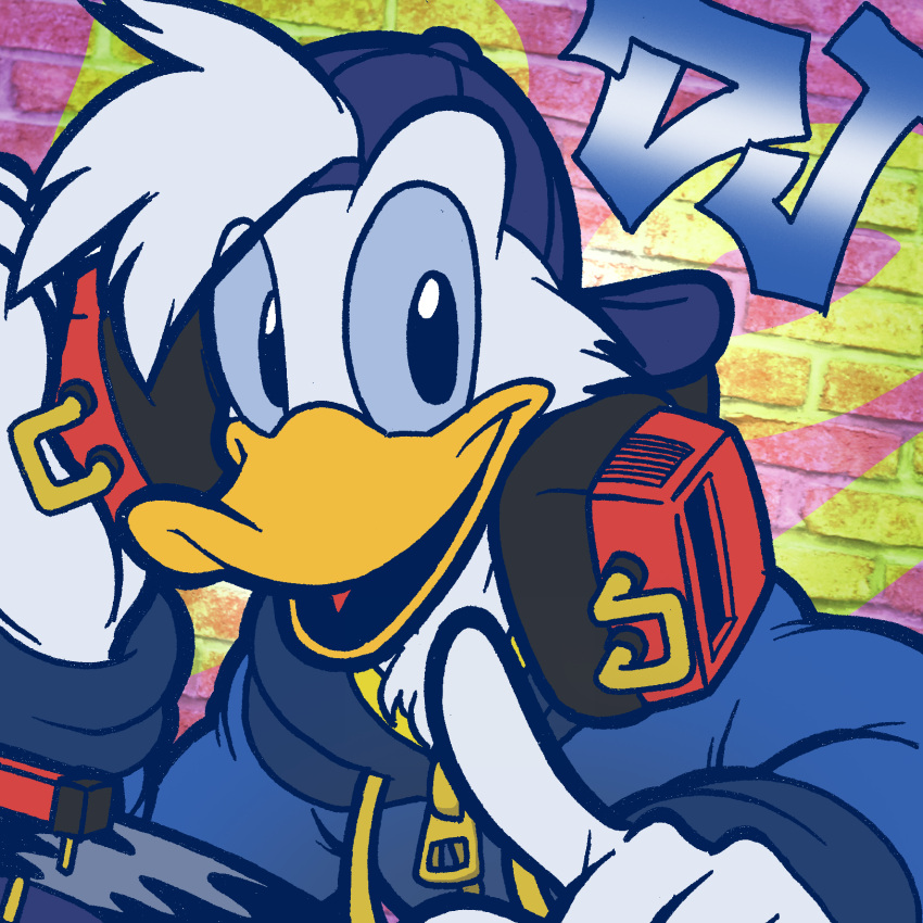 1:1 anatid anseriform anthro avian backwards_baseball_cap backwards_hat baseball_cap beak bird blue_clothing blue_jacket blue_topwear clothed clothing disc_jockey disney donald_duck duck gesture graffiti hat headgear headphones headwear hi_res jacket male megawolf77 open_beak open_mouth orange_beak raised_finger raised_index_finger record solo topwear turntable_(record_player) white_body