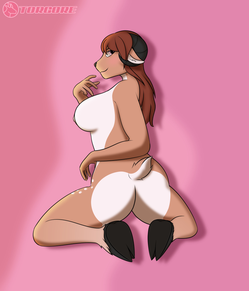 absurd_res anthro big_breasts bovid breasts brown_body brown_fur butt caprine female fur goat hi_res hooves horn looking_at_viewer mammal nipples nude pink_eyes simple_background solo torgore