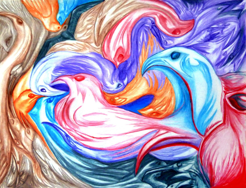 2017 abstract ambiguous_gender avian blue_body blue_eyes blue_feathers brown_body brown_eyes brown_feathers colored_pencil_(artwork) feathers group orange_body orange_eyes orange_feathers purple_body purple_eyes purple_feathers red_body red_eyes red_feathers spidermilkshake surreal surrealism traditional_media_(artwork)