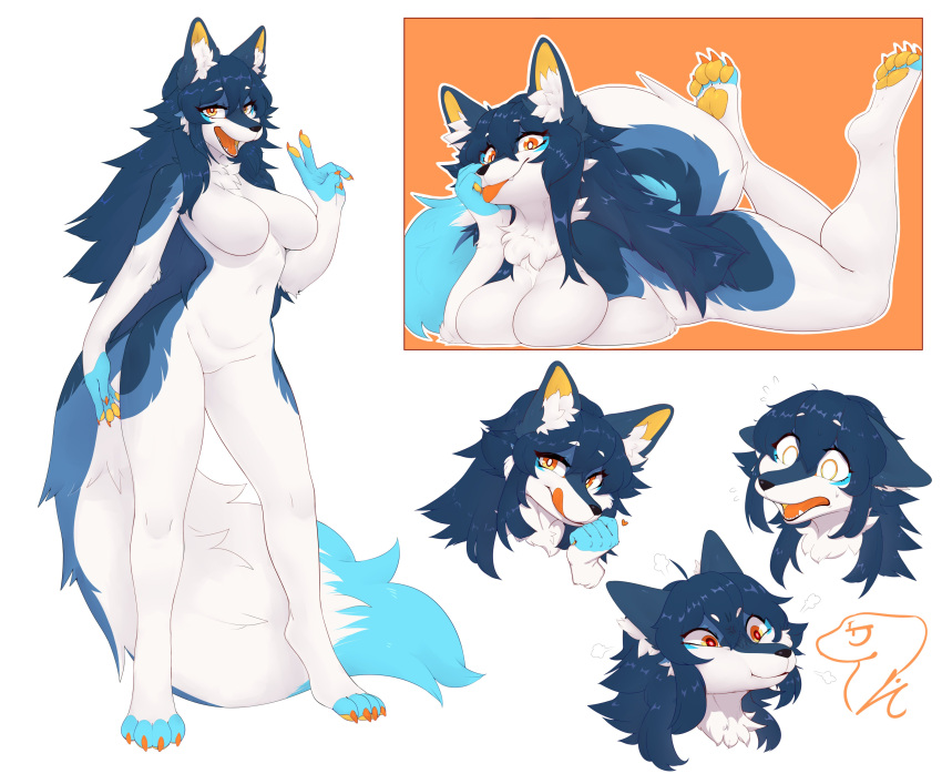 &lt;3 2021 4_toes 5_fingers absurd_res anthro blep blue_body blue_fur blue_hair breasts canid canine character_request chest_tuft claws cute_fangs featureless_breasts feet female finger_claws fingers fluffy fur gesture hair hi_res inner_ear_fluff kemono lc79510455 long_hair looking_at_viewer mammal multicolored_tail multiple_images nude orange_eyes pawpads paws signature simple_background solo teeth toe_claws toeless_(marking) toes tongue tongue_out tuft v_sign white_background white_body white_fur