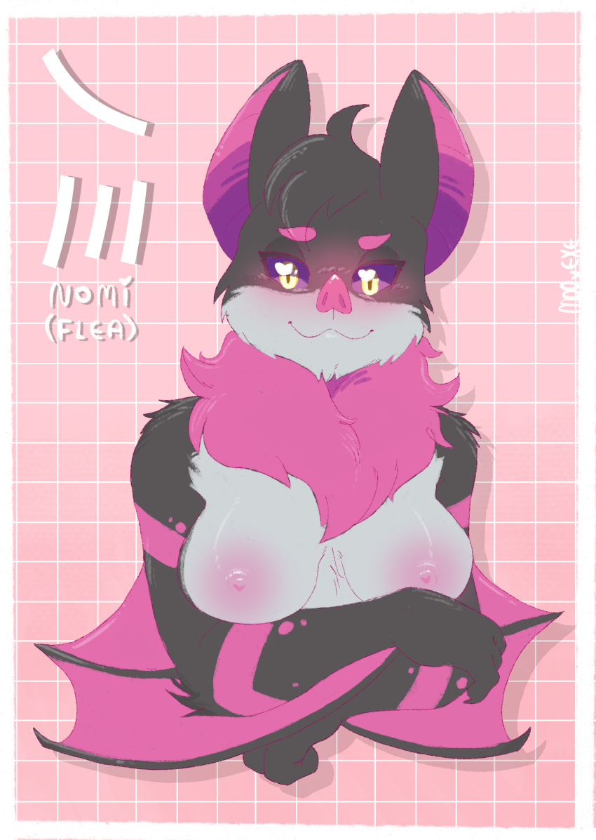 absurd_res anthro bat_ears breasts chiropteran female flea_the_bat fur hi_res japanese_text mammal mooexe nipples pink_body pink_fur pink_nipples solo text wings