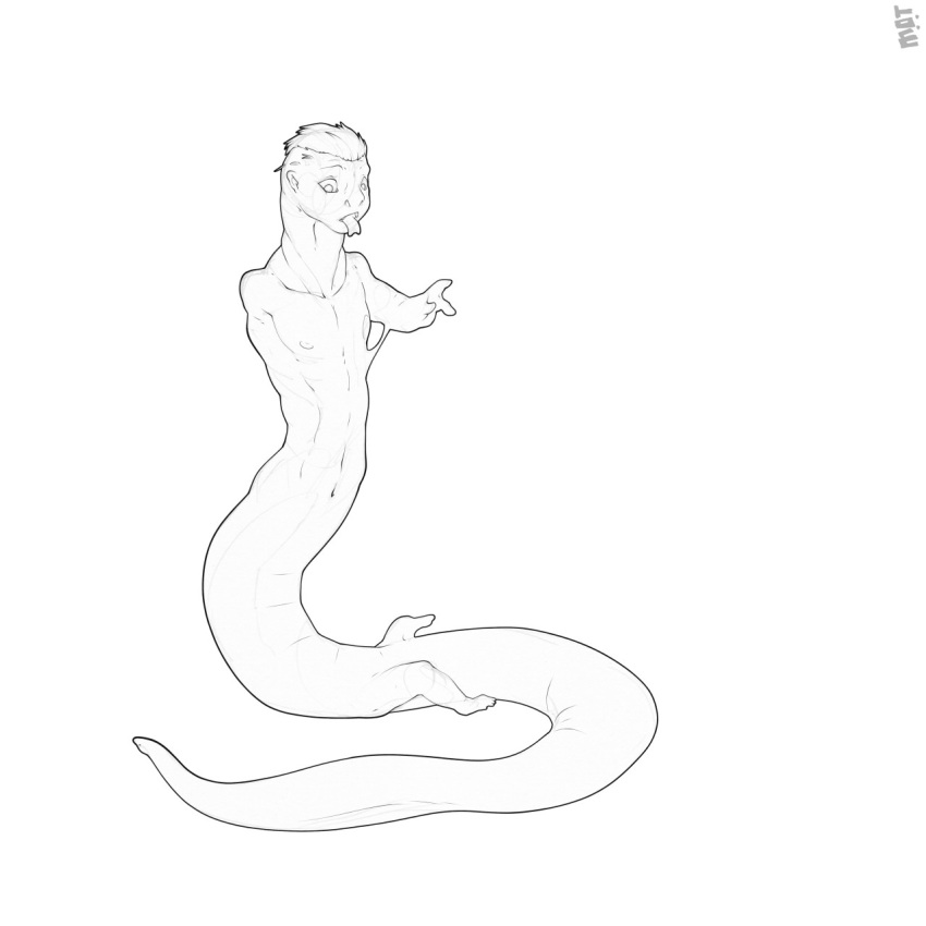 1:1 2021 featureless_crotch feral forked_tongue gender_transformation hair hi_res human human_to_feral long_tail looking_at_self looking_down male male_to_herm mammal mid_transformation monochrome mot navel nipples open_mouth receding_hair reptile scalie shrinking_limbs signature simple_background snake snout solo species_transformation tapering_tail tongue transformation white_background