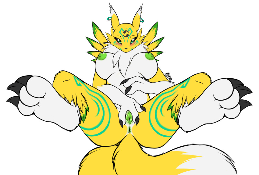 2_tails 3_fingers 3_toes anthro anus areola bandai_namco biped black_claws black_sclera blush breasts canid canine chest_tuft claws digimon digimon_(species) ear_piercing ear_ring facial_markings feet female fingers fox fur genitals gloves_(marking) green_ear_ring green_eyes green_markings green_nipples green_pussy hand_on_stomach head_markings hi_res jade_xaryu lamont786 leaning leaning_back leg_markings looking_at_viewer mammal markings multi_tail nipples nude paws piercing presenting presenting_pussy pussy renamon renamon_x simple_background socks_(marking) solo spread_pussy spreading toes tuft white_background white_body white_fur yellow_body yellow_fur yin_yang