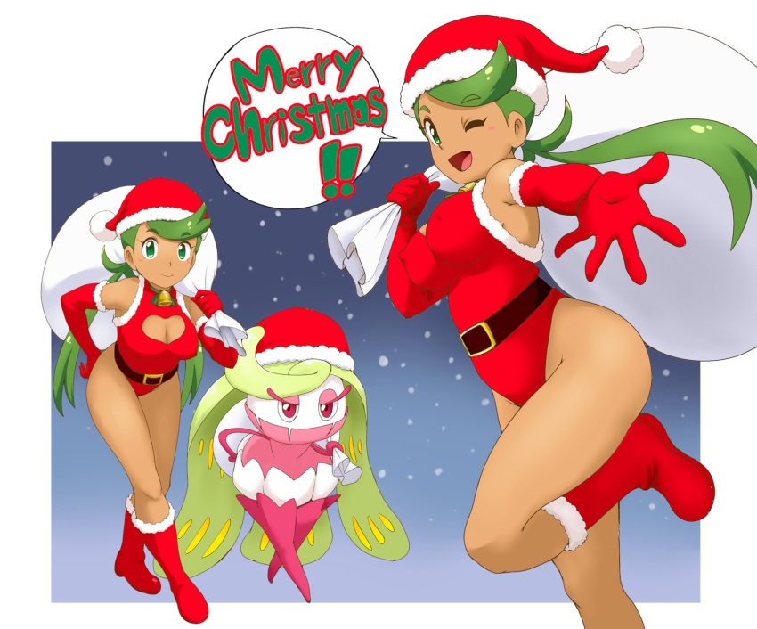 1girl bangs bell belt black_belt boots border breasts character_request christmas cleavage_cutout closed_mouth clothing_cutout commentary_request dark-skinned_female dark_skin elbow_gloves english_text full_body fur-trimmed_leotard gloves green_eyes green_hair hand_on_hip hat heart_cutout highres holding holding_sack leaning_forward leotard long_hair looking_at_viewer low_twintails mallow_(pokemon) medium_breasts merry_christmas multiple_views neck_bell outside_border over_shoulder pokemon pokemon_(creature) red_footwear red_gloves red_headwear red_leotard sack santa_boots santa_costume santa_gloves santa_hat simple_background sleeveless smile snowing standing swept_bangs tof twintails white_background white_border