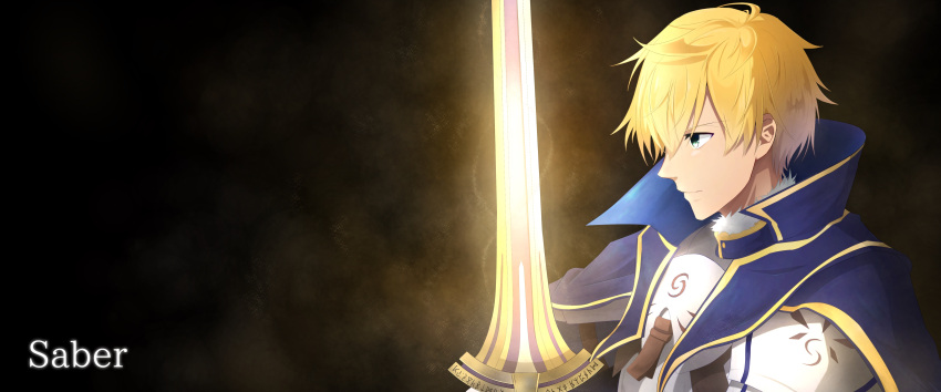 1boy absurdres armor arthur_pendragon_(fate) bangs black_background blonde_hair blue_cape breastplate cape choco_(chocovix112) commentary_request excalibur_(fate/prototype) eyebrows_visible_through_hair fate/prototype fate_(series) glowing glowing_sword glowing_weapon green_eyes hair_between_eyes highres looking_away male_focus pixiv_fate/grand_order_contest_2 profile solo weapon