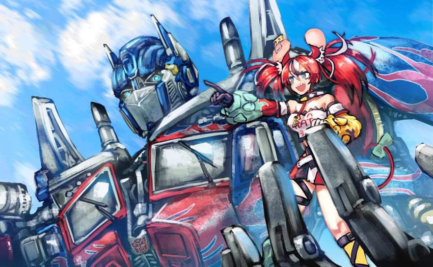 1girl absurdres animal_ears autobot black_gloves black_hair blue_eyes cloud crossover detached_sleeves dgrp_(minhduc12333) gloves hakos_baelz highres hololive hololive_english in_palm mecha mouse_ears mouse_girl multicolored_hair optimus_prime pointing red_hair science_fiction skirt sky strapless thigh_strap transformers transformers_(live_action) tube_top virtual_youtuber white_hair white_skirt