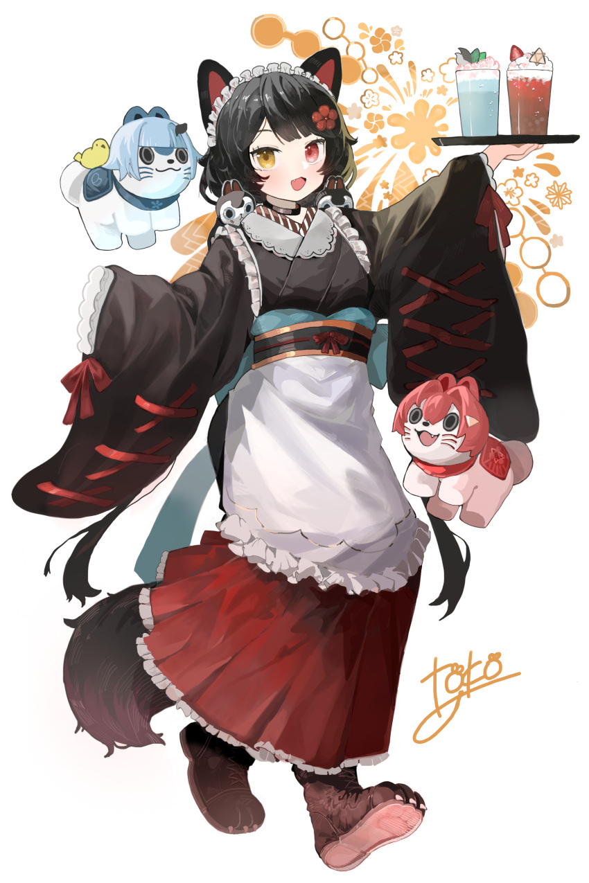 1girl absurdres ange_katrina animal_ears apron bangs black_hair black_kimono blue_hair brown_footwear character_doll dog_ears dog_girl dog_hair_ornament dog_tail fang frilled_apron frills hair_ornament heterochromia highres inui_toko japanese_clothes kimono lize_helesta long_hair long_sleeves low_twintails maid_headdress menthako nijisanji paw_shoes red_eyes red_hair red_ribbon ribbon sebastian_piyodore simple_background solo tail tray twintails virtual_youtuber wa_maid white_background wide_sleeves yellow_eyes