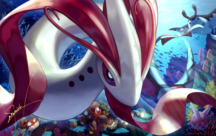 air_bubble black_eyes bright_pupils bubble colored_sclera commentary coral corsola fish highres krabby luvdisc mantine milotic no_humans octillery pokemon pokemon_(creature) purple_sclera remoraid signature superciderx underwater white_pupils