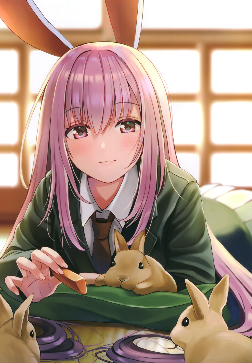 1girl absurdres animal_ears backlighting banned_artist blurry blurry_background blush bunny carrot food highres holding holding_food holding_vegetable indoors light_smile long_hair looking_at_viewer lying non-web_source on_stomach purple_eyes purple_hair rabbit_ears reisen_udongein_inaba scan solo touhou upper_body vegetable very_long_hair yuuka_nonoko