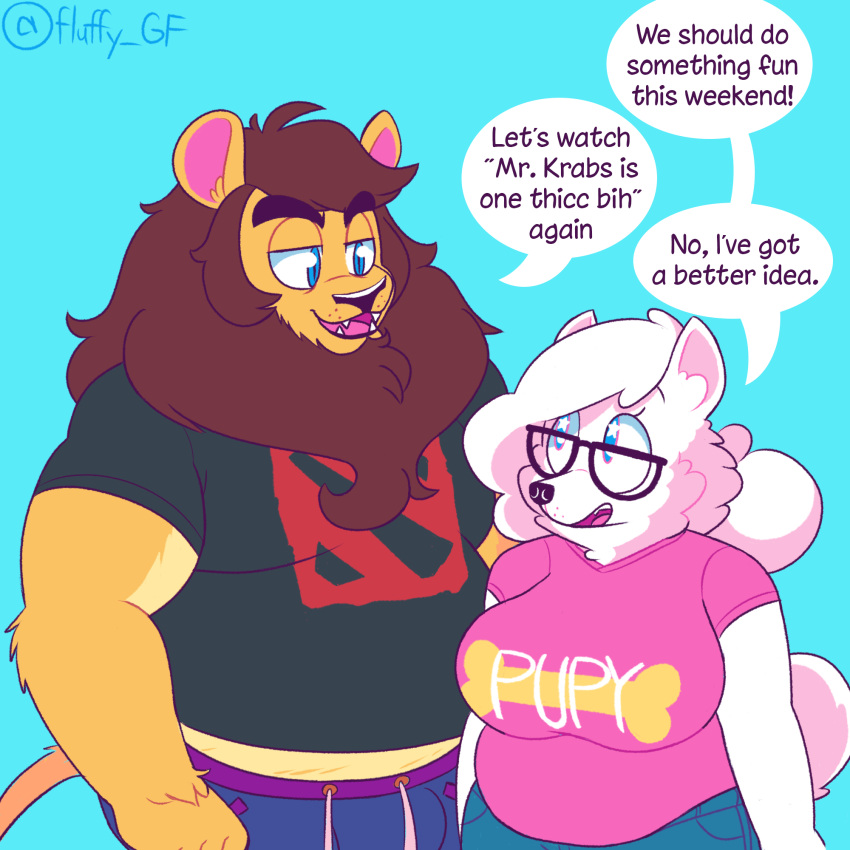 1:1 anthony_(fluffy_gf) anthro beard big_breasts blue_bottomwear blue_clothing blue_eyes blue_pants bobby_(fluffy_gf) bone bottomwear breasts canid canine canis clothing denim denim_clothing domestic_dog dota duo english_text eyewear facial_hair felid female fluffy_cheeks fluffy_gf fur glasses hair hi_res jeans lion long_hair looking_at_another male male/female mammal mane mane_hair nordic_sled_dog pantherine pants samoyed shirt simple_background smile speech_bubble spitz star_eyes t-shirt text topwear trans_(lore) trans_woman_(lore) url video_games white_body white_fur yellow_body yellow_fur