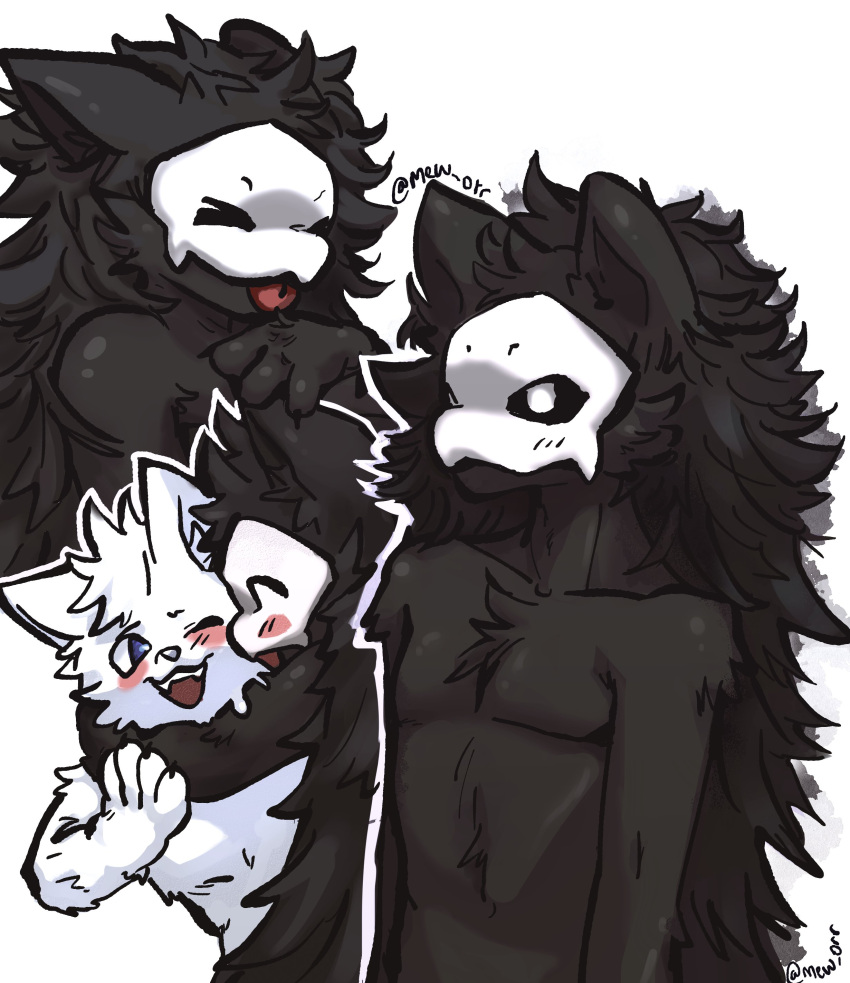 absurd_res ambiguous_gender anthro black_hair black_sclera blep blue_eyes blush blush_lines canid canine canis changed_(video_game) claws daww duo embrace eyes_closed fur goo_creature hair hi_res hug lin_(changed) long_fur long_hair male mammal mask mew_orr one_eye_closed open_mouth puro_(changed) simple_background solo_focus teeth tongue tongue_out white_background white_body white_eyes white_fur wolf