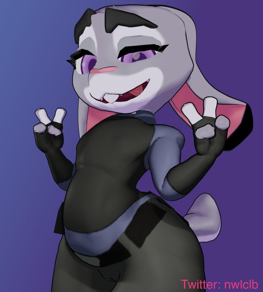 3d_(artwork) 4_fingers anthro buckteeth camel_toe clothed clothing digital_media_(artwork) disney female fingerless_gloves fingers gesture gloves half-length_portrait handwear hi_res i2lsx judy_hopps lagomorph leporid mammal open_mouth police_uniform portrait purple_background rabbit simple_background solo teeth tight_clothing uniform v_sign zootopia