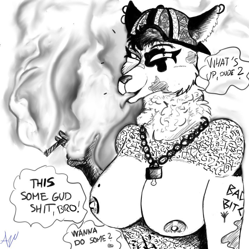 absurd_res anthro avelvision big_breasts breasts canid canine canis chain clothing curvy_figure dialogue domestic_dog drugs female fluffy fur hat headgear headwear hi_res humor looking_at_viewer makeup mammal marijuana markings nipples piercing simple_background sketch smile smoking solo standing stoned substance_intoxication tattoo voluptuous