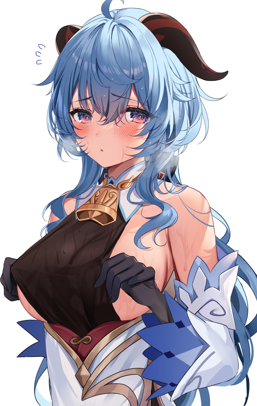 1girl absurdres bangs bare_shoulders bell black_gloves blue_hair blush breasts chinese_clothes clothes_pull cowbell detached_sleeves eyebrows_visible_through_hair ganyu_(genshin_impact) genshin_impact gloves goat_horns gold_trim hair_between_eyes highres hizuki_higure horns large_breasts long_hair looking_at_viewer neck_bell parted_lips purple_eyes raised_eyebrows shirt_pull sideboob solo spoken_sweatdrop sweatdrop upper_body very_long_hair wet wet_hair