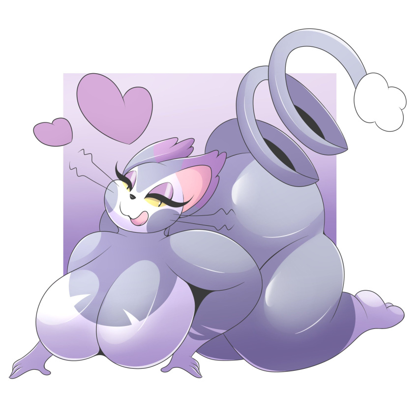 &lt;3 anthro arizonathevixen bent_over big_breasts big_butt breasts butt dipstick_ears female grey_body half-closed_eyes hi_res huge_butt kneeling licking licking_lips looking_at_viewer multicolored_ears narrowed_eyes nintendo nude pok&eacute;mon pok&eacute;mon_(species) purugly smile solo thick_thighs tongue tongue_out video_games whiskers wide_hips yellow_sclera