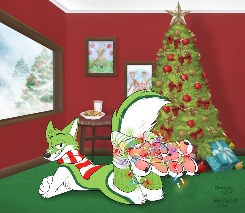 absurd_res anthro black_markings black_nose bow box candy canid canine chocolate chocolate_chip_cookie chocolate_chips christmas christmas_decorations christmas_lights christmas_present christmas_tree clothed clothing container cookie dessert digital_media_(artwork) fidget_the_fox food footwear fox fur furniture gift green_body green_clothing green_eyes green_footwear green_fur green_socks hair hi_res holidays lights male mammal markings milk open_mouth ornament ornaments pawpads paws pictures plant scarf signature smile snow socks solo strawbear table topwear tree white_body white_fur window