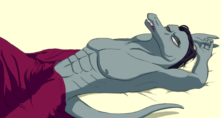 anthro bed casual_nudity disney furniture grey_body hair lizard looking_at_viewer lying male muscular muscular_male nipples nude on_bed reptile scalie simple_background solo star_vs._the_forces_of_evil toffee_(svtfoe) under_covers unknown_artist yellow_eyes