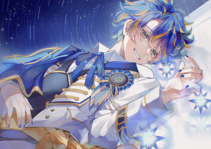 1boy :d astel_leda bangs blonde_hair blue_hair blue_nails blue_ribbon dress_shirt eyebrows_visible_through_hair fingernails hair_intakes highres holostars jacket limao_(tanuki_1220) long_sleeves looking_at_viewer looking_to_the_side lying medal multicolored_hair nail_polish neck_ribbon on_back ribbon shirt smile solo streaked_hair virtual_youtuber white_jacket white_shirt